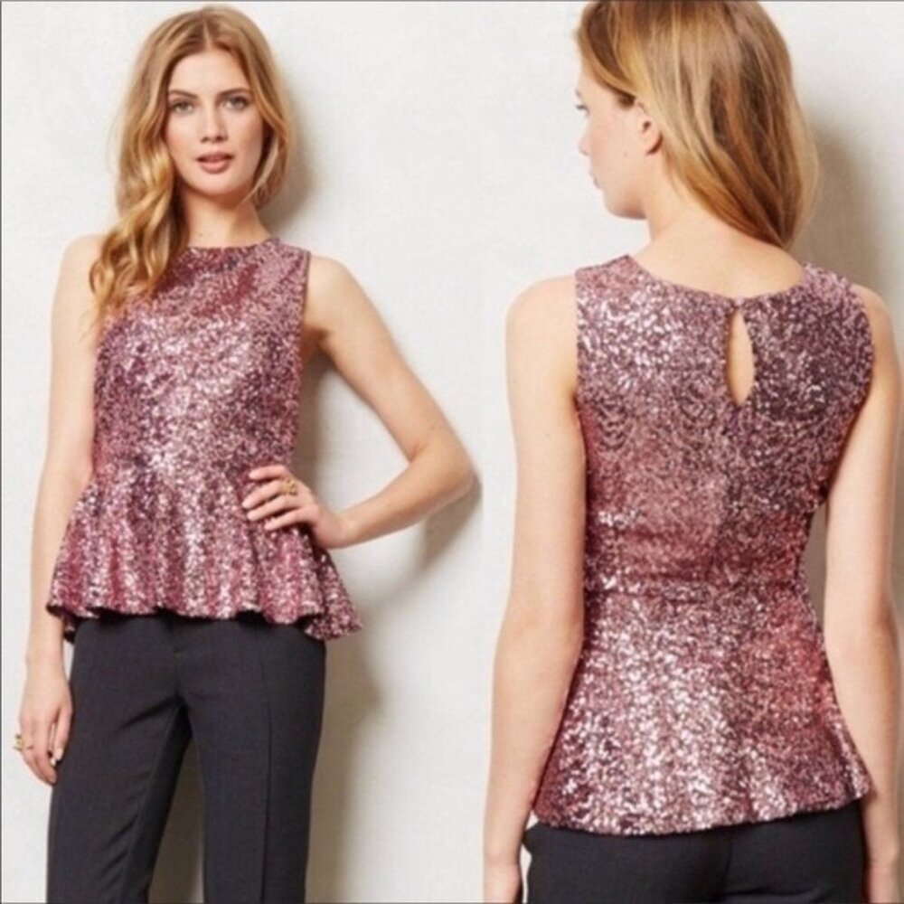Anthropologie Sunday in Brooklyn Pink Sequin Peplum Blouse Fairy Petite Small